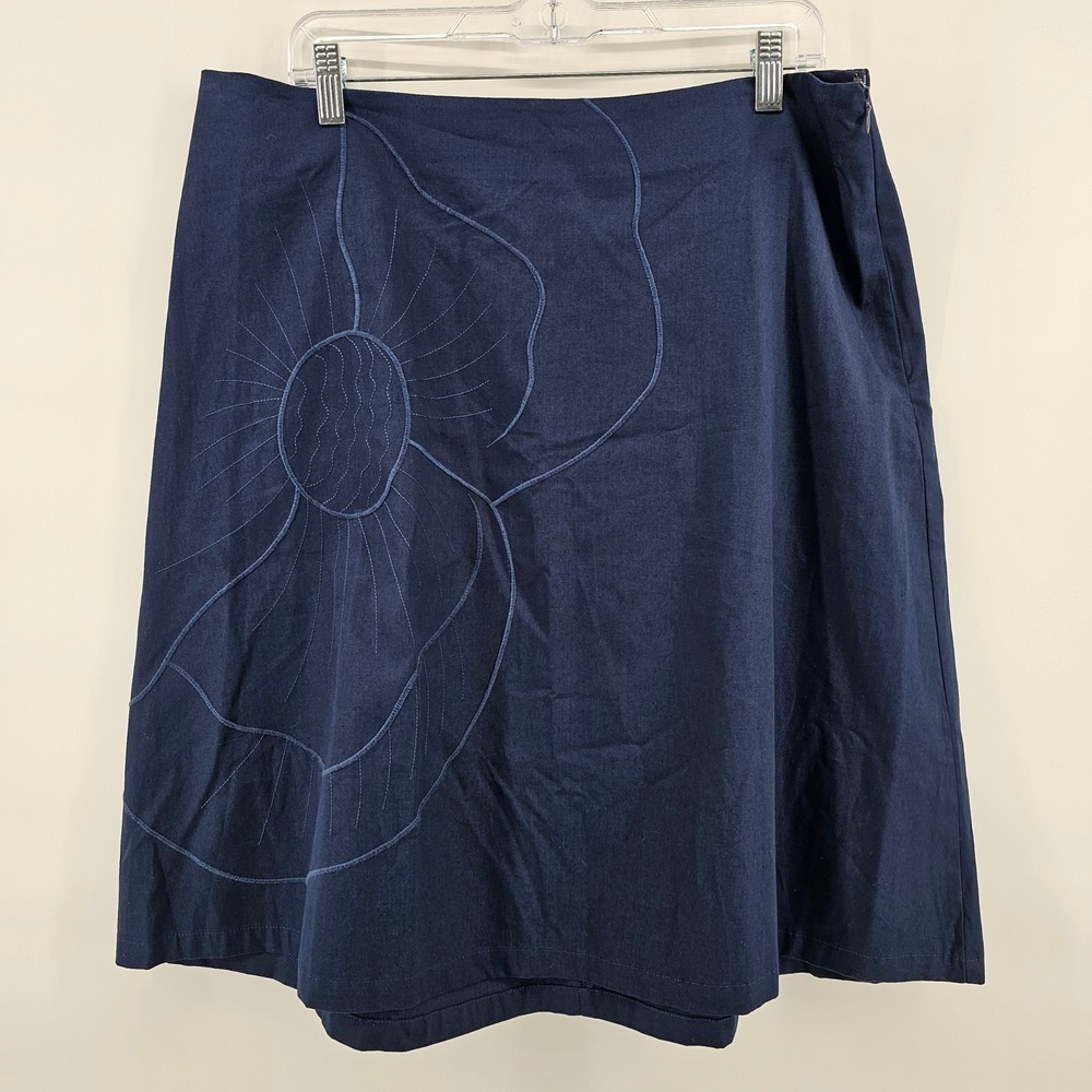 Lane Bryant Skirt Women 16 Navy Blue Floral Embroidery Cotton A-Line Knee Length